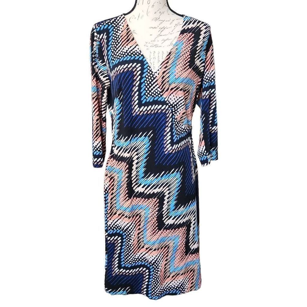 AGB Dress Ladies Size 10 Black Blue Coral V-Neck Wrap Top Dress